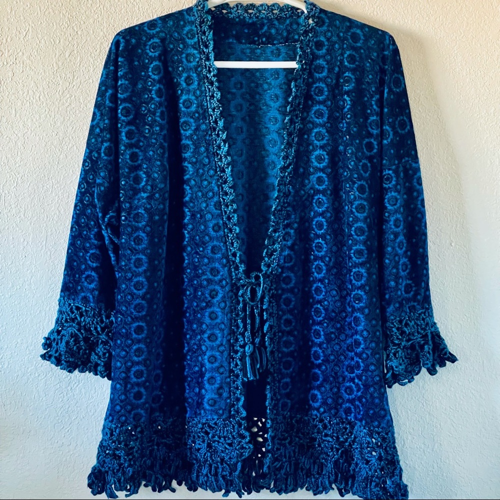 Beautiful Floral Blue Velvet Crochet Lace Duster Coat Jacket L